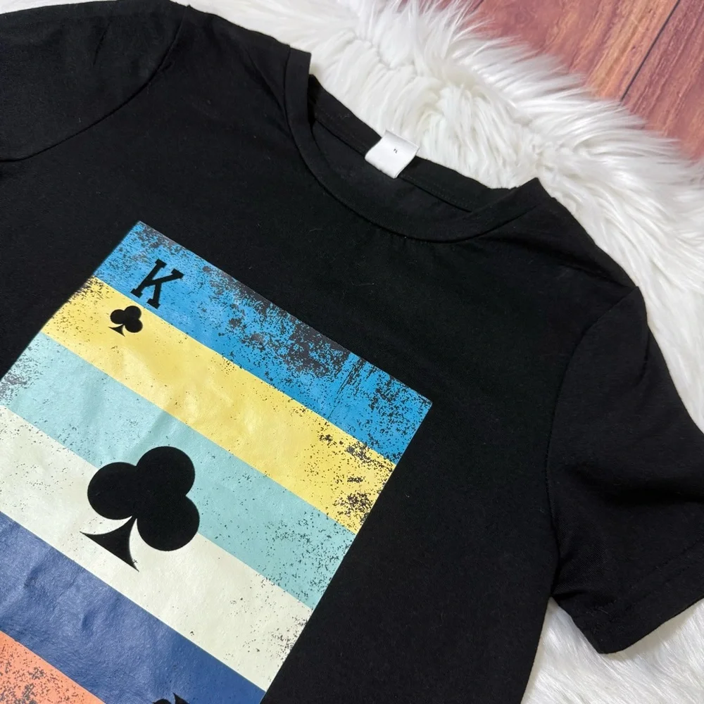 SHEIN Youth Boy Size 7Y Black Short Sleeve Tee with Colorful Card Design